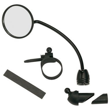 Rounded mirror with a plastic arm to it and plastic parts to be able to fix it on a cylindrical object